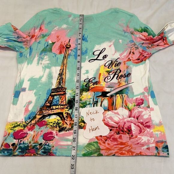 Onque casuals sz small 3/4 sleeve floral print Eiffel Tower embellished top EUC - Picture 11 of 13